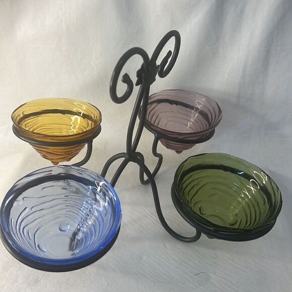 Longaberger Woven Tradition Condiment Dessert Bowl Caddy Wrought Iron Glass Bowl - Picture 3 of 8